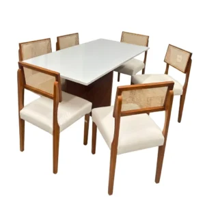 Mesa de Jantar Helo 160x90cm com Vidro e 6 Cadeiras Grecia em Linho Madeira Poliman