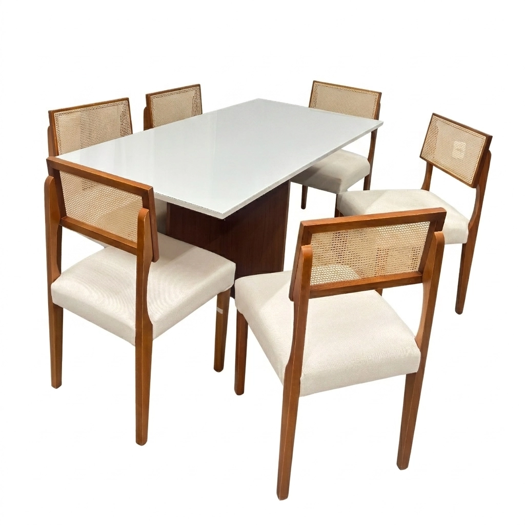 Mesa de Jantar Helo 160x90cm com Vidro e 6 Cadeiras Grecia em Linho Madeira Poliman