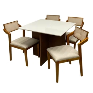 Mesa de Jantar Helo 90x90cm com Vidro e 4 Cadeiras Berlim Hr em Linho Madeira Poliman
