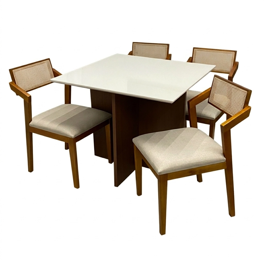 Mesa de Jantar Helo 90x90cm com Vidro e 4 Cadeiras Berlim Hr em Linho Madeira Poliman
