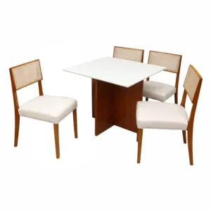 Mesa de Jantar Helo 90x90cm com Vidro e 4 Cadeiras Grecia em Linho Madeira Poliman