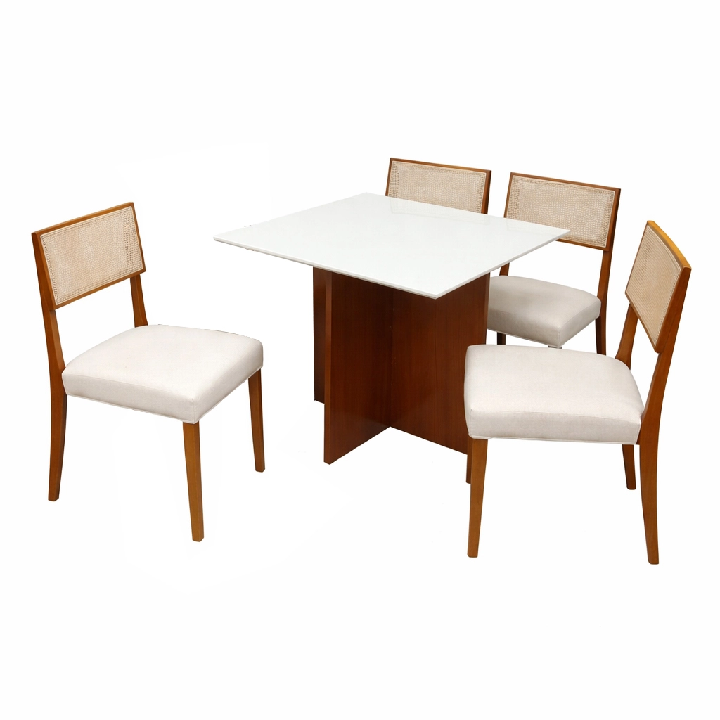 Mesa de Jantar Helo 90x90cm com Vidro e 4 Cadeiras Grecia em Linho Madeira Poliman