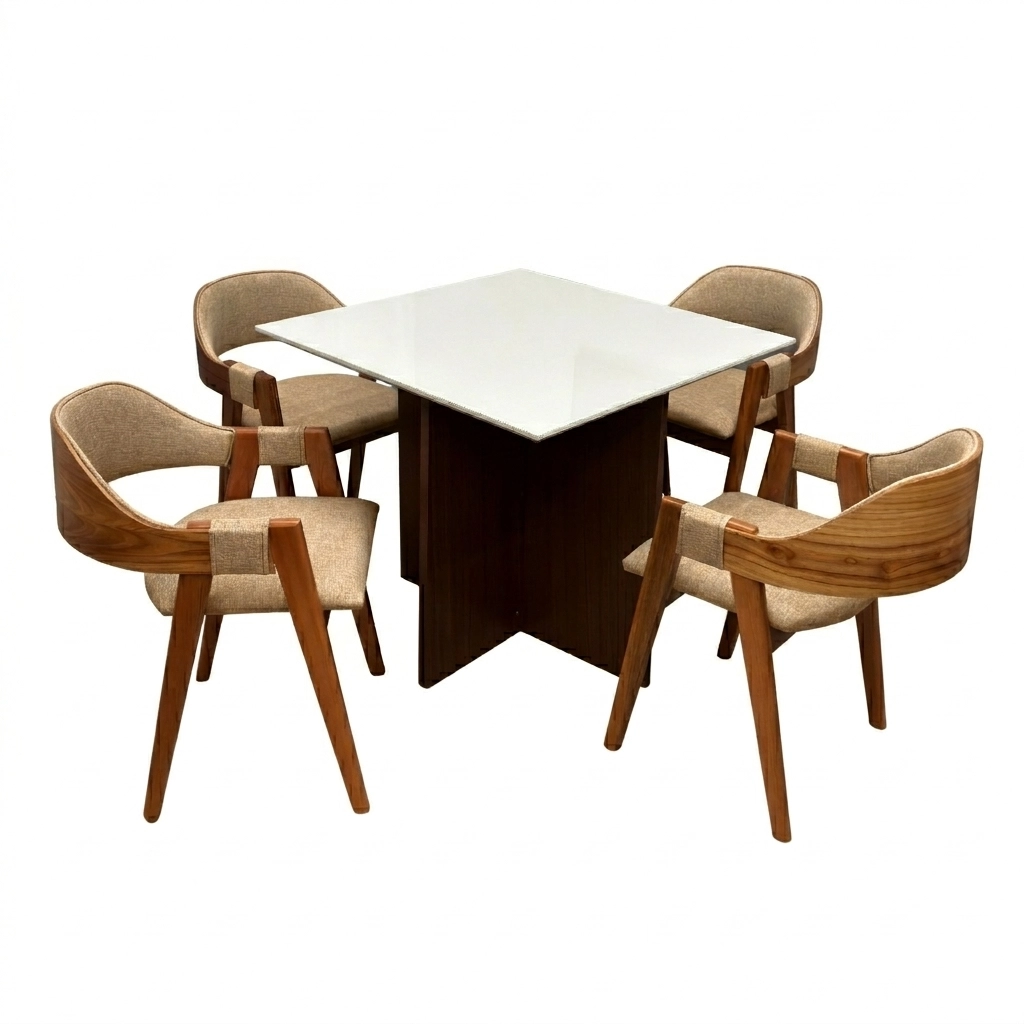 Mesa de Jantar Helo 90x90cm com Vidro e 4 Cadeiras Perola em Linho Madeira Poliman