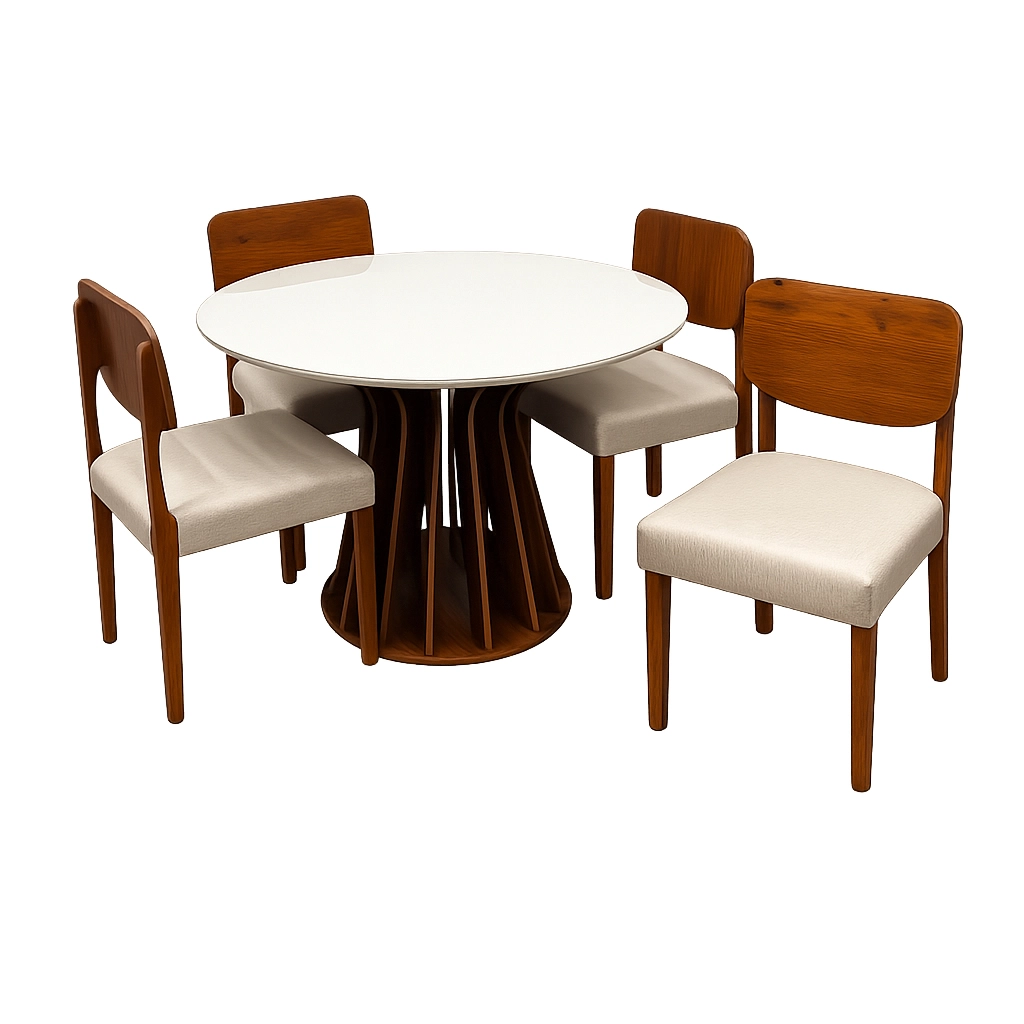 Mesa de Jantar Ilheus Redonda 110cm com 4 Cadeiras Barcelona em Linho Madeira Lj Móveis