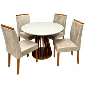 Mesa de Jantar Ilheus Redonda 110cm com 4 Cadeiras California em Veludo Estofadas Lj Móveis