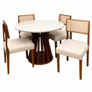 Mesa de Jantar Ilheus Redonda 110cm com 4 Cadeiras Grecia em Linho Madeira Lj Móveis