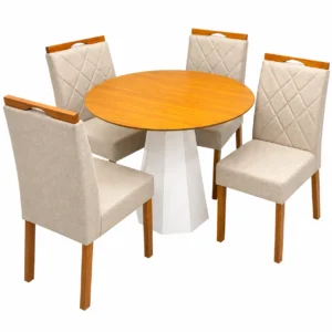 Mesa de Jantar Isis Sem Vidro Redonda 100cm e 4 Cadeiras California em Veludo Estofadas New Ceval
