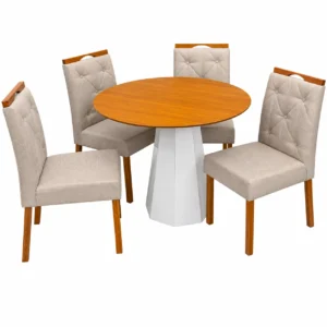 Mesa de Jantar Isis Sem Vidro Redonda 100cm e 4 Cadeiras Jasmim em Veludo Estofadas New Ceval