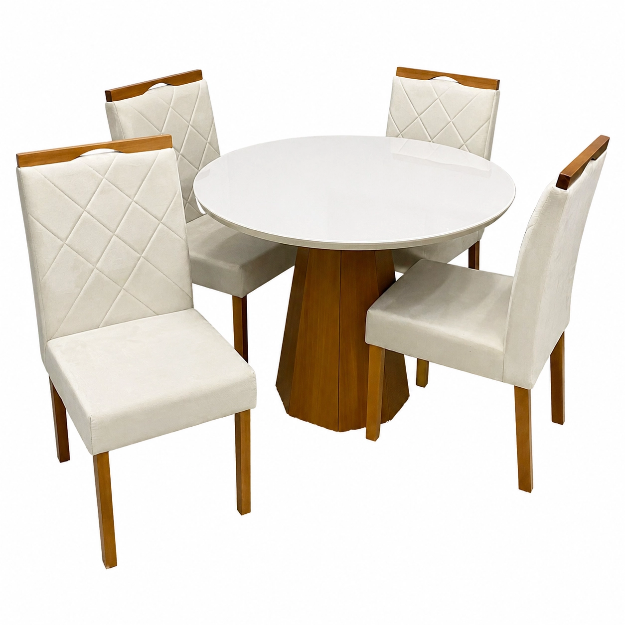 Mesa de Jantar Isis com Vidro Redonda 100cm e 4 Cadeiras California em Veludo Estofadas New Ceval