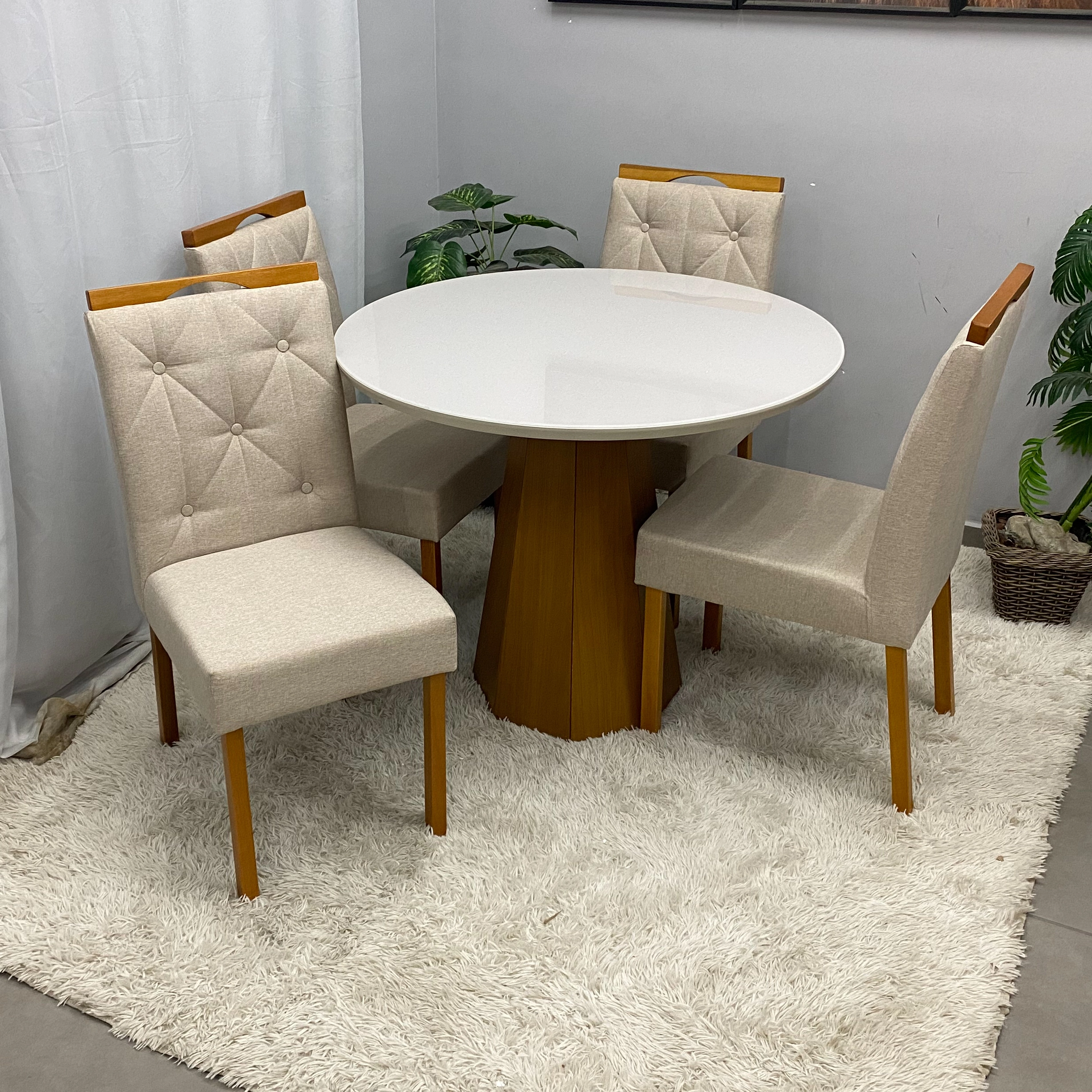 Mesa de Jantar Isis com Vidro Redonda 100cm e 4 Cadeiras Jasmim em Veludo Estofadas New Ceval - Imagem 3