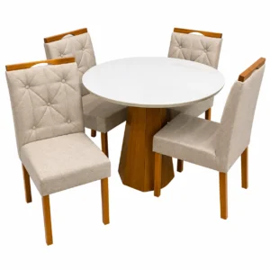 Mesa de Jantar Isis com Vidro Redonda 100cm e 4 Cadeiras Jasmim em Veludo Estofadas New Ceval