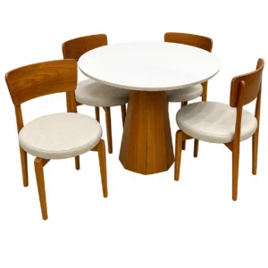 Mesa de Jantar Isis com Vidro Redonda 100cm e 4 Cadeiras Maldivas em Linho Madeira New Ceval