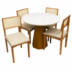 Mesa de Jantar Isis com Vidro Redonda 100cm e 4 Cadeiras Monalisa em Linho Madeira New Ceval