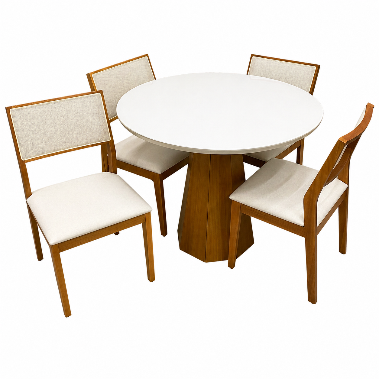 Mesa de Jantar Isis com Vidro Redonda 100cm e 4 Cadeiras Oiti em Linho Madeira New Ceval