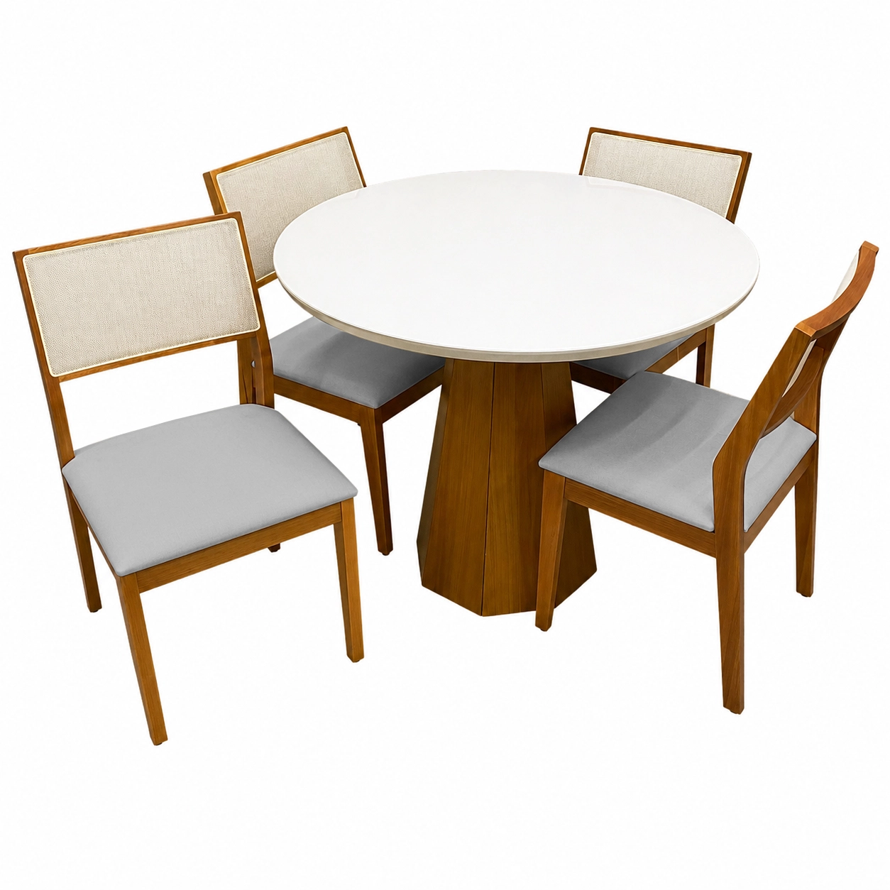 Mesa de Jantar Isis com Vidro Redonda 100cm e 4 Cadeiras Oiti em Linho Madeira New Ceval - Imagem 4