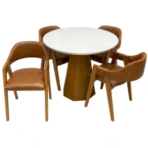 Mesa de Jantar Isis com Vidro Redonda 100cm e 4 Cadeiras Perola em Corino Madeira New Ceval