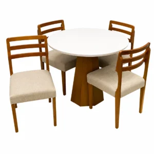 Mesa de Jantar Isis com Vidro Redonda 100cm e 4 Cadeiras Turquia em Linho Madeira New Ceval
