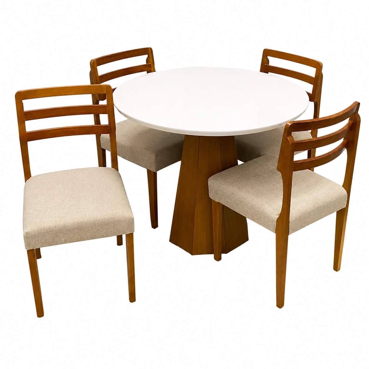 Mesa de Jantar Isis com Vidro Redonda 100cm e 4 Cadeiras Turquia em Linho Madeira New Ceval
