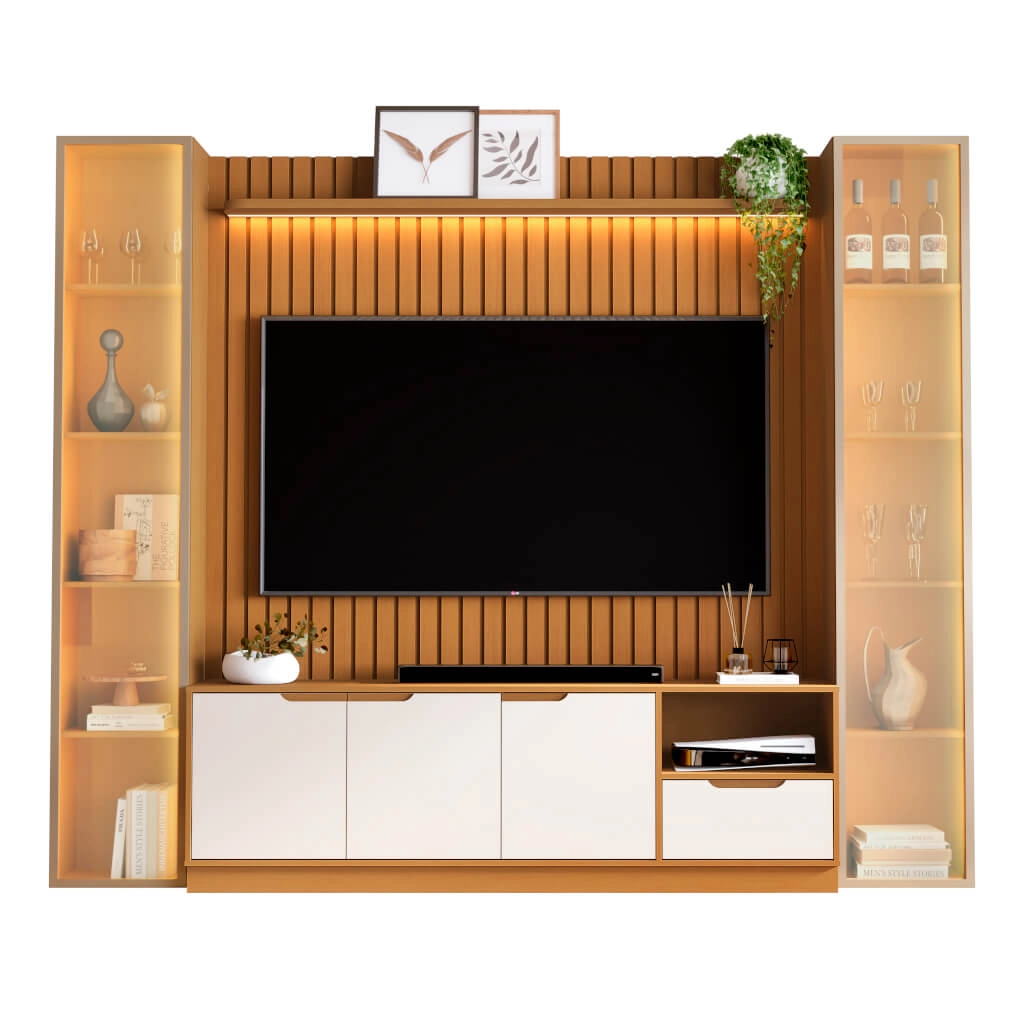 Rack com Painel Tucuma Ripado 1.8 com Prateleira 2 Torres e Led 5 Portas 1 Gaveta Jb Bechara