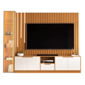 Rack com Painel Tucuma Ripado 2.3 Sem Prateleira 1 Torre com Led Cascata 5 Portas 1 Gaveta Jb Bechara