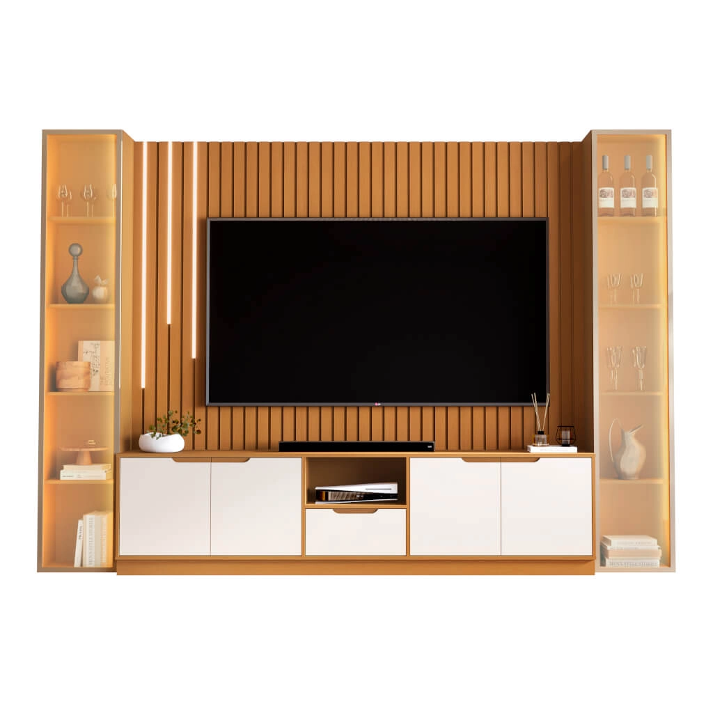 Rack com Painel Tucuma Ripado 2.3 Sem Prateleira 2 Torres com Led Cascata 6 Portas 1 Gaveta Jb Bechara