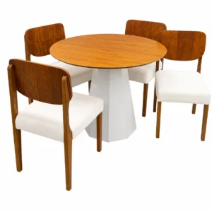 Mesa de Jantar Isis Sem Vidro Redonda 100cm e 4 Cadeiras Barcelona em Linho Madeira New Ceval