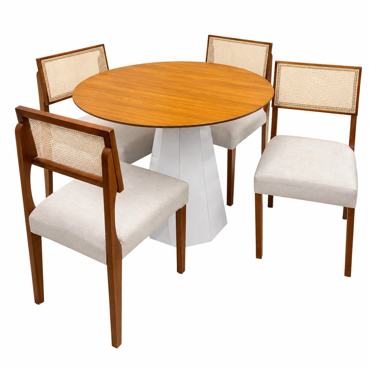 Mesa de Jantar Isis Sem Vidro Redonda 100cm e 4 Cadeiras Grecia em Linho Madeira New Ceval