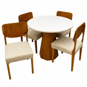 Mesa de Jantar Isis com Vidro Redonda 100cm e 4 Cadeiras Barcelona em Linho Madeira New Ceval