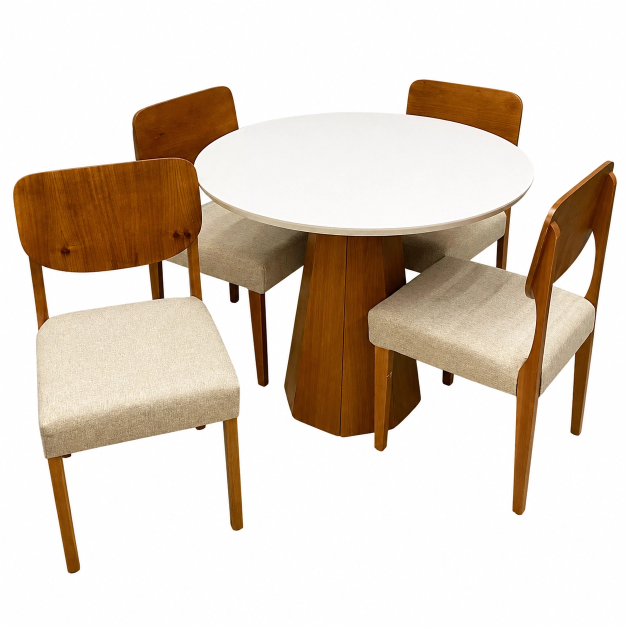 Mesa de Jantar Isis com Vidro Redonda 100cm e 4 Cadeiras Barcelona em Linho Madeira New Ceval