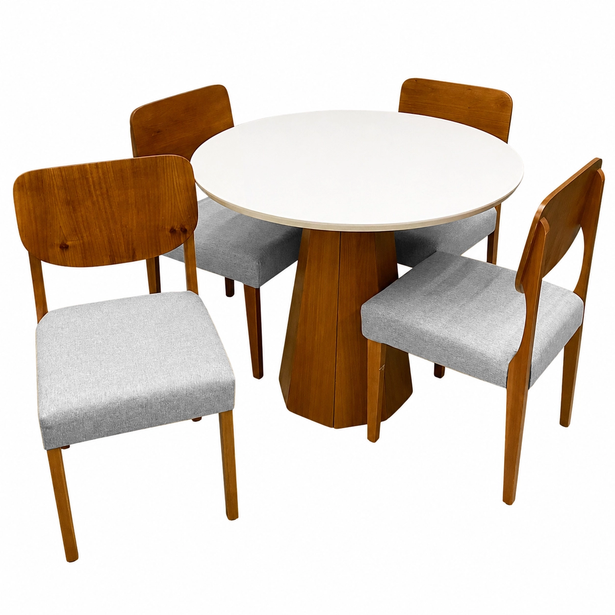 Mesa de Jantar Isis com Vidro Redonda 100cm e 4 Cadeiras Barcelona em Linho Madeira New Ceval - Imagem 4