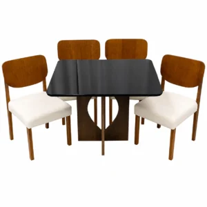 Mesa de Jantar Madrid 90x90cm com 4 Cadeiras Barcelona em Linho Madeira Minas Plac