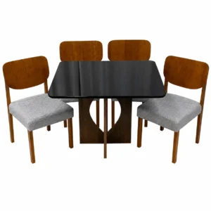 Mesa de Jantar Madrid 90x90cm com 4 Cadeiras Barcelona em Linho Madeira Minas Plac