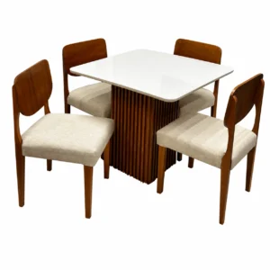 Mesa de Jantar Riviera 90x90cm com 4 Cadeiras Barcelona em Linho Madeira Lj Móveis