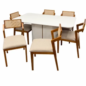 Mesa de Jantar Serena 160x90cm com Vidro e 6 Cadeiras Berlim Hr em Linho Madeira New Ceval