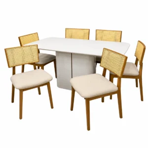 Mesa de Jantar Serena 160x90cm com Vidro e 6 Cadeiras Diamante em Linho Madeira New Ceval