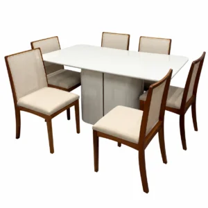 Mesa de Jantar Serena 160x90cm com Vidro e 6 Cadeiras Lara Kappesberg em Linho Madeira New Ceval