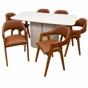 Mesa de Jantar Serena 160x90cm com Vidro e 6 Cadeiras Perola em Corino Madeira New Ceval