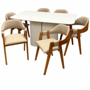 Mesa de Jantar Serena 160x90cm com Vidro e 6 Cadeiras Perola em Linho Madeira New Ceval