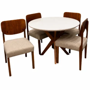 Mesa de Jantar Simpatia com Vidro Redonda 108cm com 4 Cadeiras Barcelona em Linho Madeira Jcm