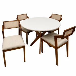 Mesa de Jantar Simpatia com Vidro Redonda 108cm com 4 Cadeiras Berlim Hr em Linho Madeira Jcm