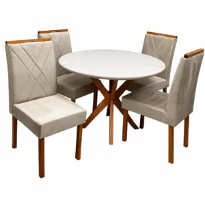 Mesa de Jantar Simpatia com Vidro Redonda 108cm com 4 Cadeiras California em Linho Estofadas Jcm