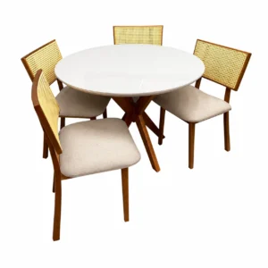 Mesa de Jantar Simpatia com Vidro Redonda 108cm com 4 Cadeiras Diamante em Linho Madeira Jcm