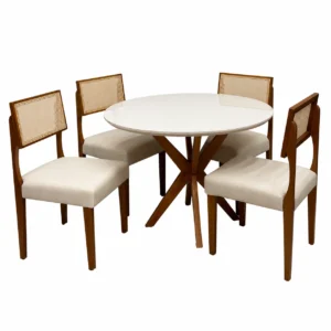 Mesa de Jantar Simpatia com Vidro Redonda 108cm com 4 Cadeiras Grecia em Linho Madeira Jcm