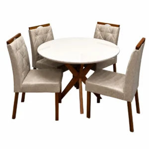 Mesa de Jantar Simpatia com Vidro Redonda 108cm com 4 Cadeiras Jasmim em Veludo Estofadas Jcm
