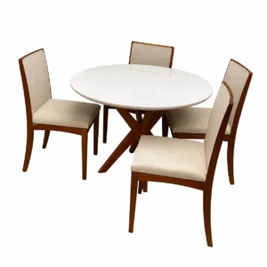 Mesa de Jantar Simpatia com Vidro Redonda 108cm com 4 Cadeiras Lara Kappesberg em Linho Madeira Jcm