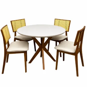 Mesa de Jantar Simpatia com Vidro Redonda 108cm com 4 Cadeiras Livia em Linho Madeira Jcm