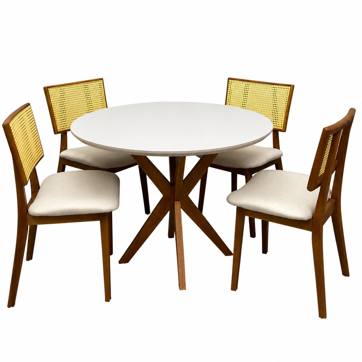 Mesa de Jantar Simpatia com Vidro Redonda 108cm com 4 Cadeiras Livia em Linho Madeira Jcm