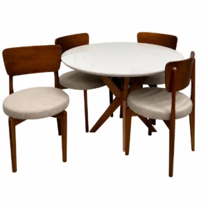 Mesa de Jantar Simpatia com Vidro Redonda 108cm com 4 Cadeiras Maldivas em Linho Madeira Jcm