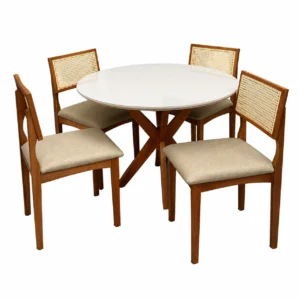 Mesa de Jantar Simpatia com Vidro Redonda 108cm com 4 Cadeiras Monalisa em Linho Madeira Jcm