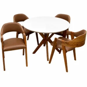 Mesa de Jantar Simpatia com Vidro Redonda 108cm com 4 Cadeiras Perola em Corino Madeira Jcm
